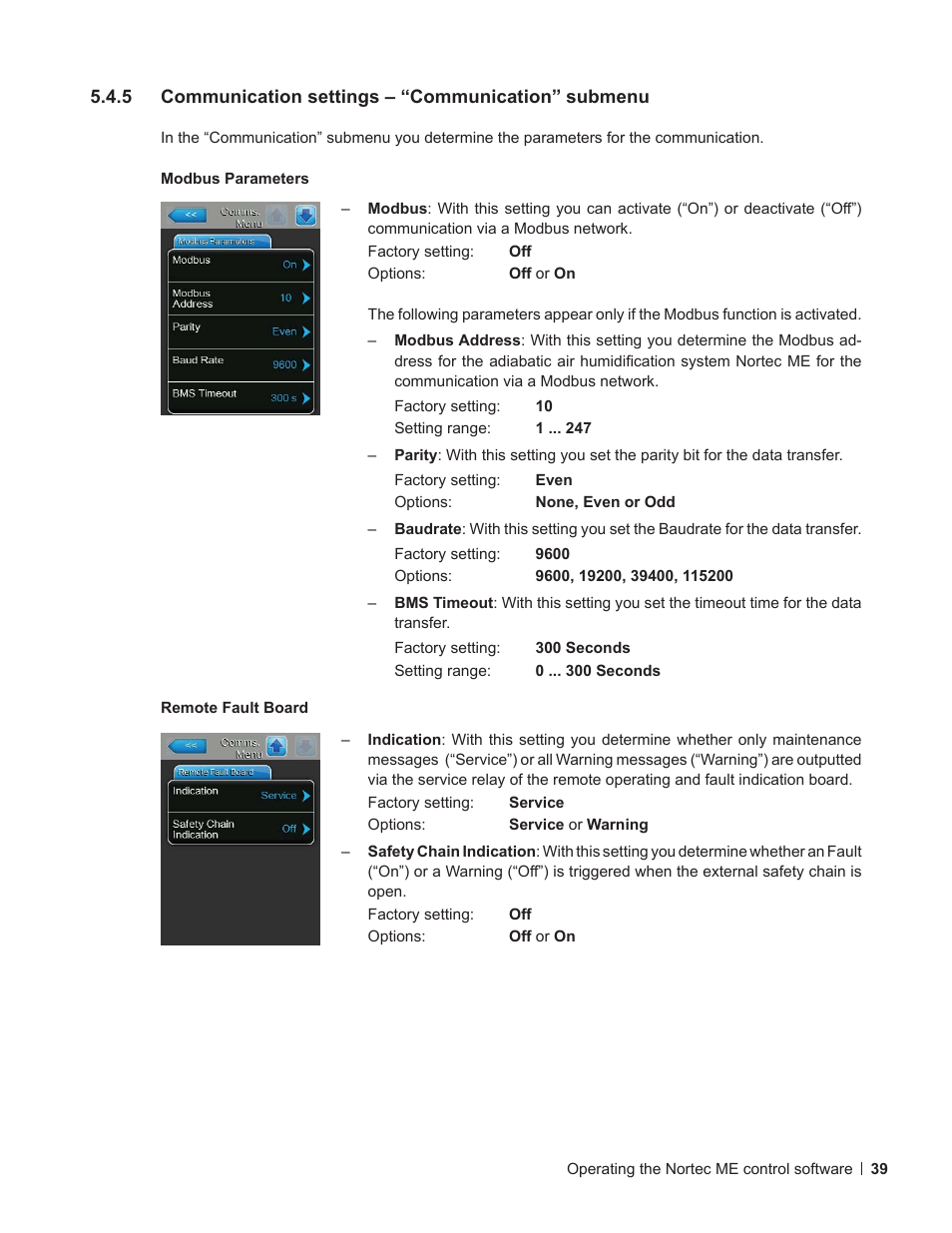 5 communication settings – “communication” submenu, Communication settings – “communication” submenu | Nortec ME Control User Manual | Page 39 / 76