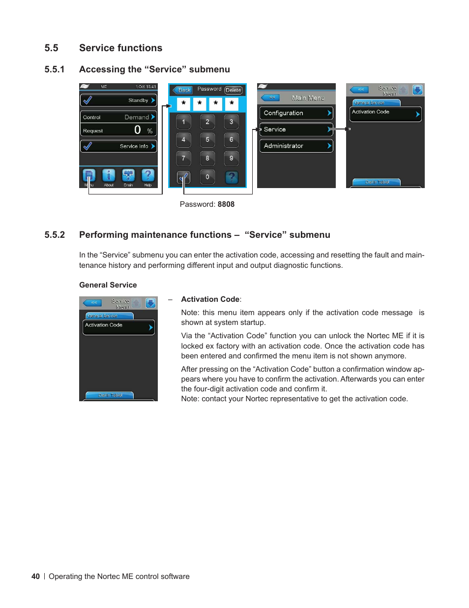 5 service functions, 1 accessing the “service” submenu, Service functions | Accessing the “service” submenu, Menu ), Submenu) | Nortec ME Control User Manual | Page 40 / 76