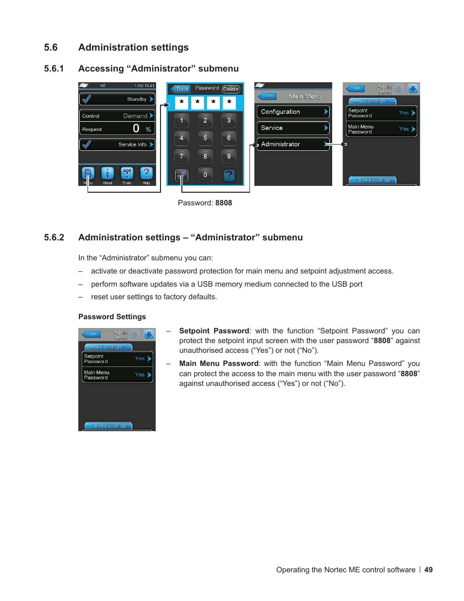 6 administration settings, 1 accessing “administrator” submenu, Administration settings | Accessing “administrator” submenu, Administration settings – “administrator” submenu | Nortec ME Control User Manual | Page 49 / 76