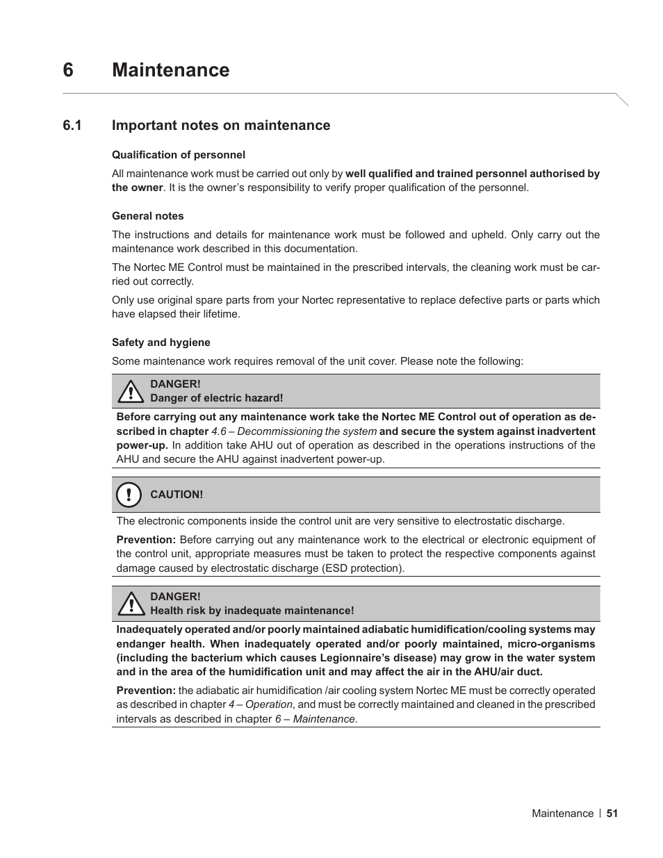 6 maintenance, 1 important notes on maintenance, Important notes on maintenance | 6maintenance | Nortec ME Control User Manual | Page 51 / 76