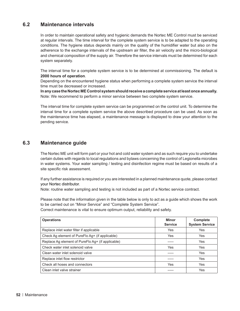 2 maintenance intervals, 3 maintenance guide, Maintenance intervals | Maintenance guide, Sections 6.3 and | Nortec ME Control User Manual | Page 52 / 76