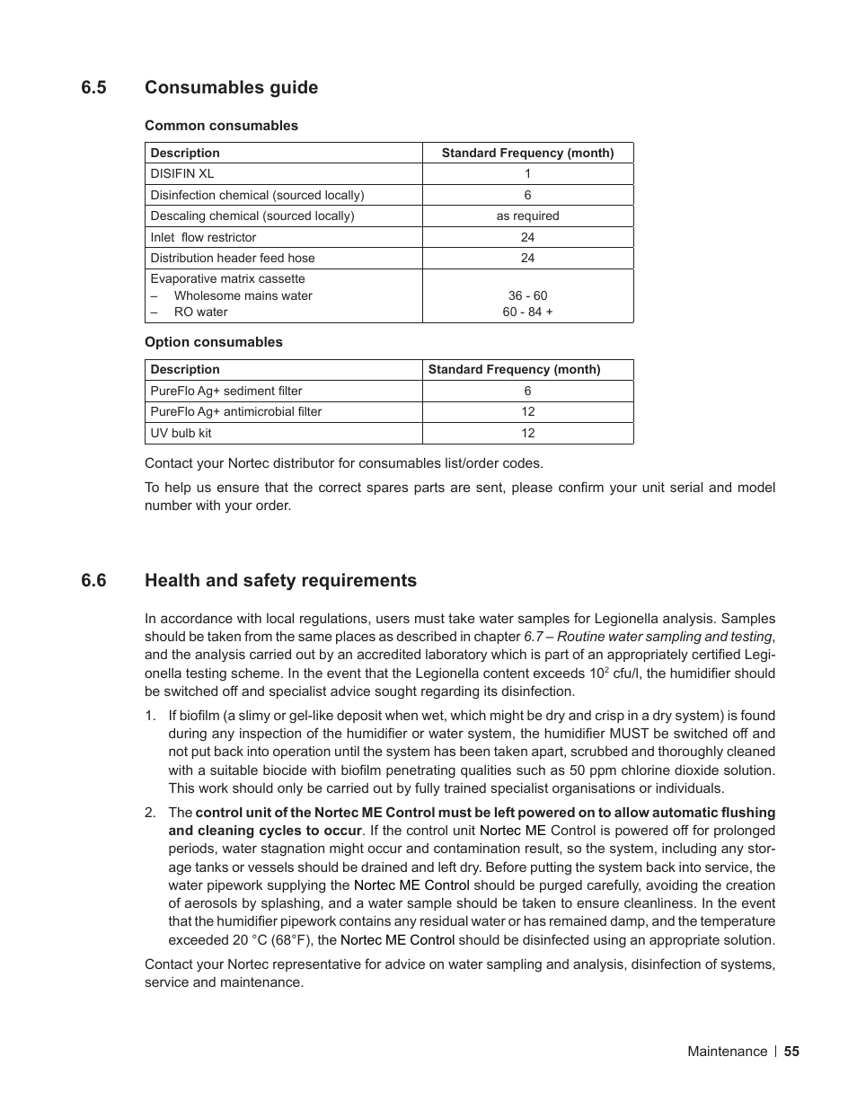 5 consumables guide, 6 health and safety requirements, Consumables guide | Health and safety requirements | Nortec ME Control User Manual | Page 55 / 76