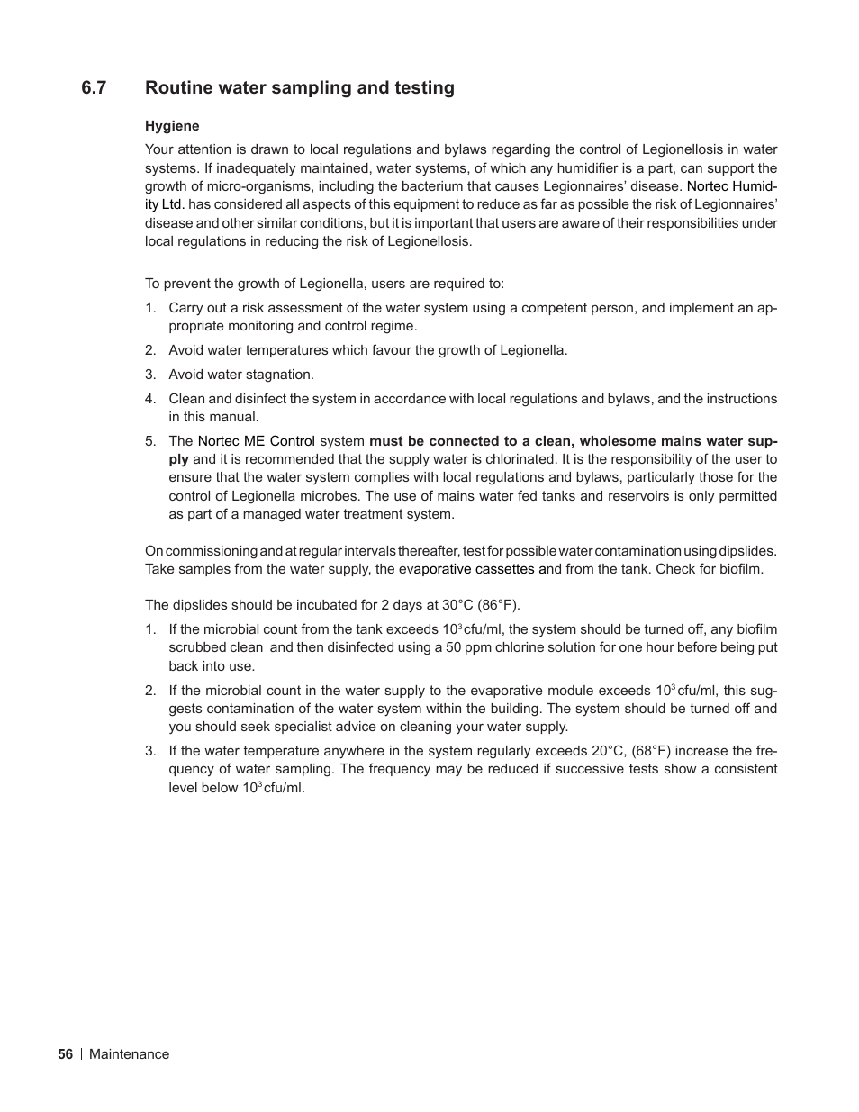 7 routine water sampling and testing, Routine water sampling and testing | Nortec ME Control User Manual | Page 56 / 76