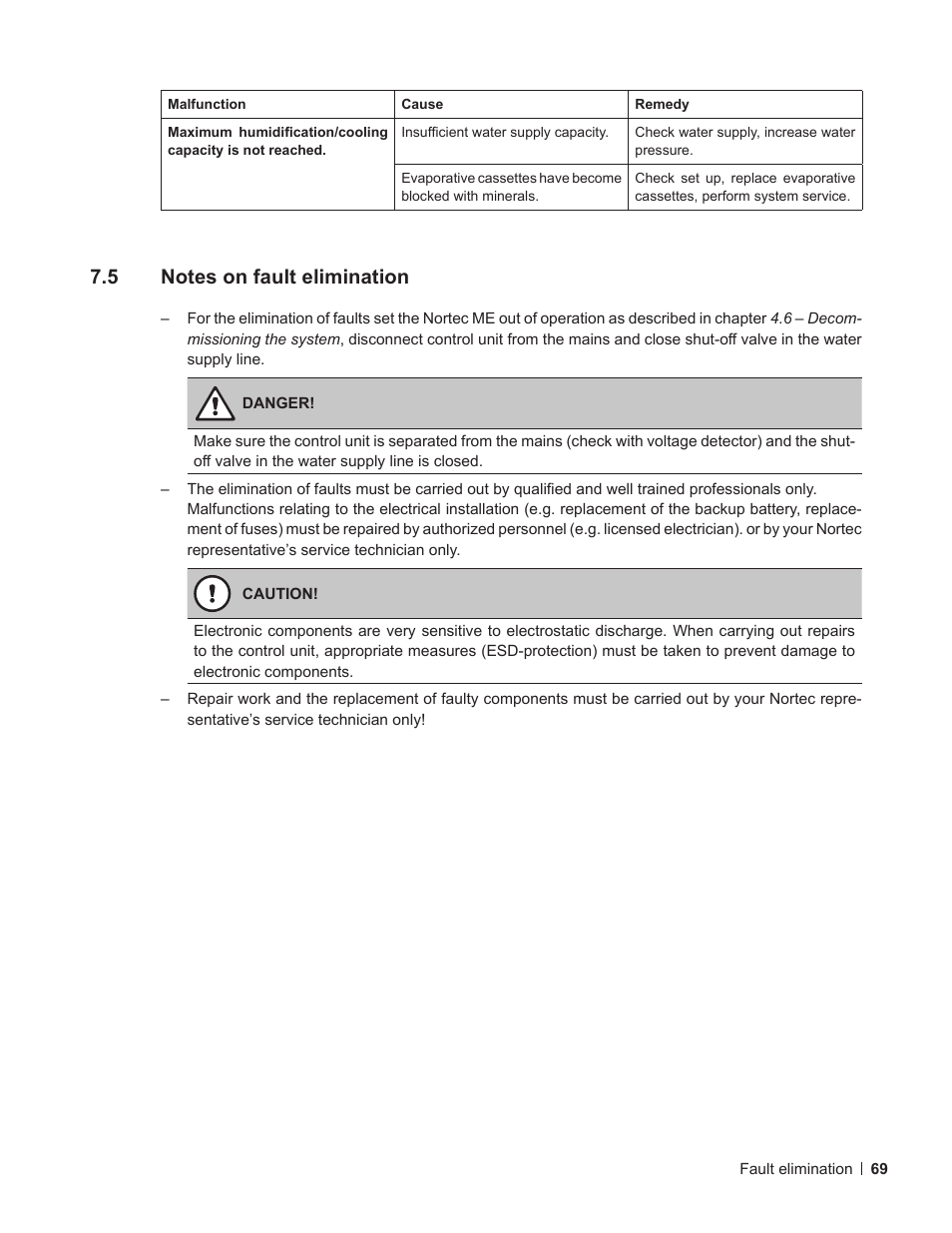 5 notes on fault elimination, Notes on fault elimination | Nortec ME Control User Manual | Page 69 / 76