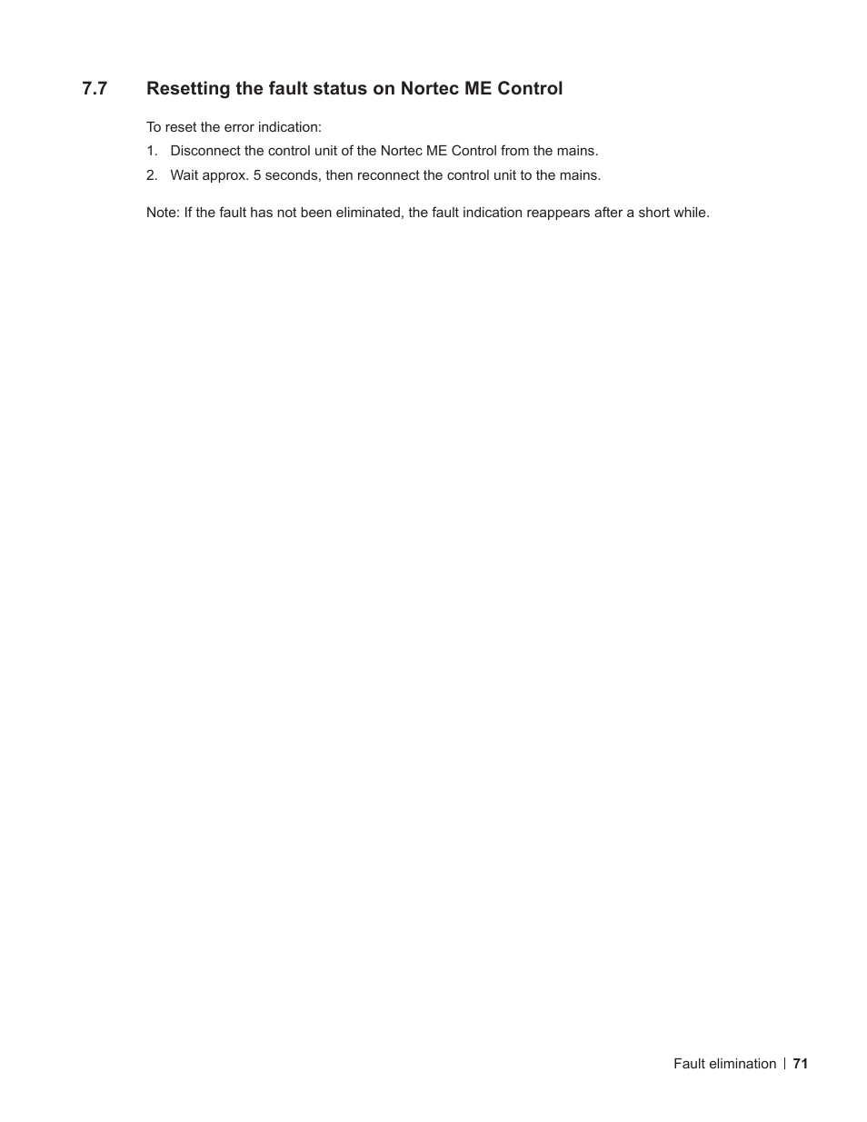 7 resetting the fault status on nortec me control, Resetting the fault status on nortec me control | Nortec ME Control User Manual | Page 71 / 76