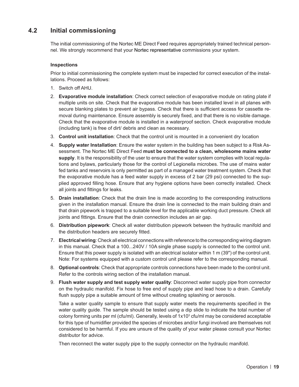 2 initial commissioning, Initial commissioning | Nortec ME Direct Feed User Manual | Page 19 / 40
