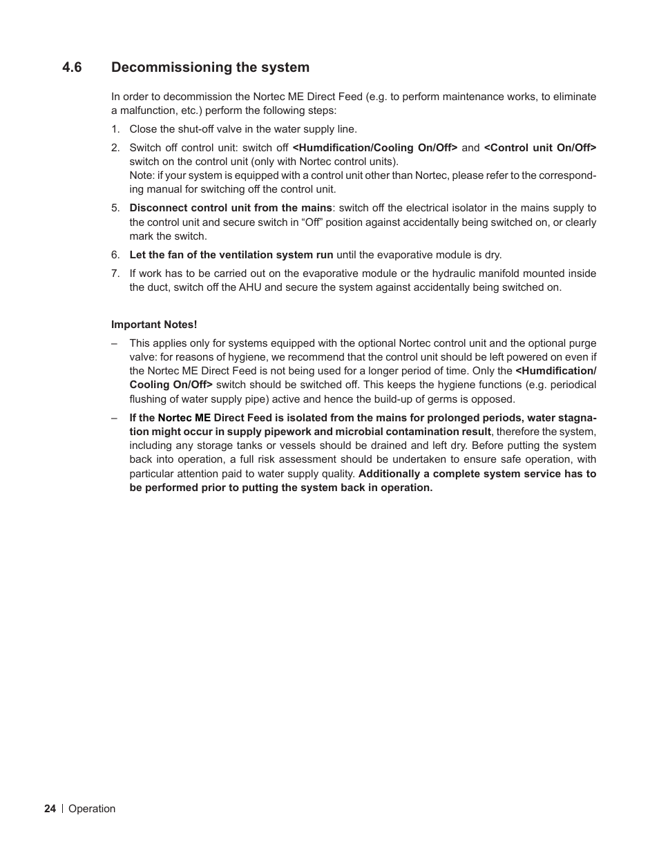 6 decommissioning the system, Decommissioning the system | Nortec ME Direct Feed User Manual | Page 24 / 40