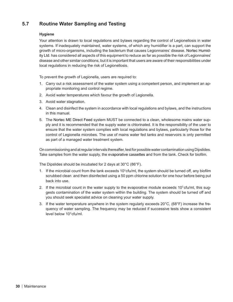 7 routine water sampling and testing, Routine water sampling and testing | Nortec ME Direct Feed User Manual | Page 30 / 40