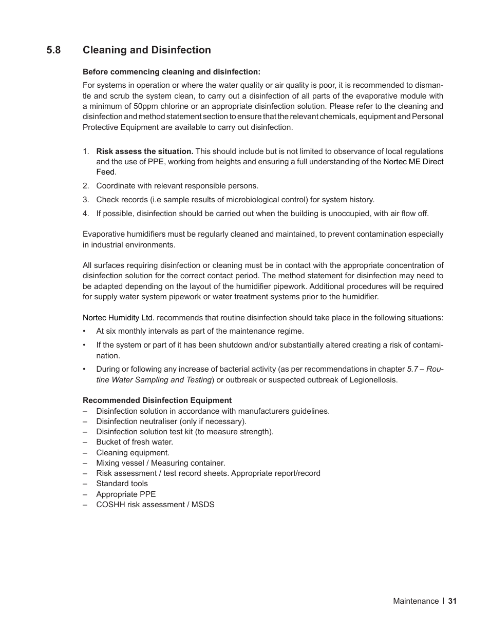 8 cleaning and disinfection, Cleaning and disinfection | Nortec ME Direct Feed User Manual | Page 31 / 40