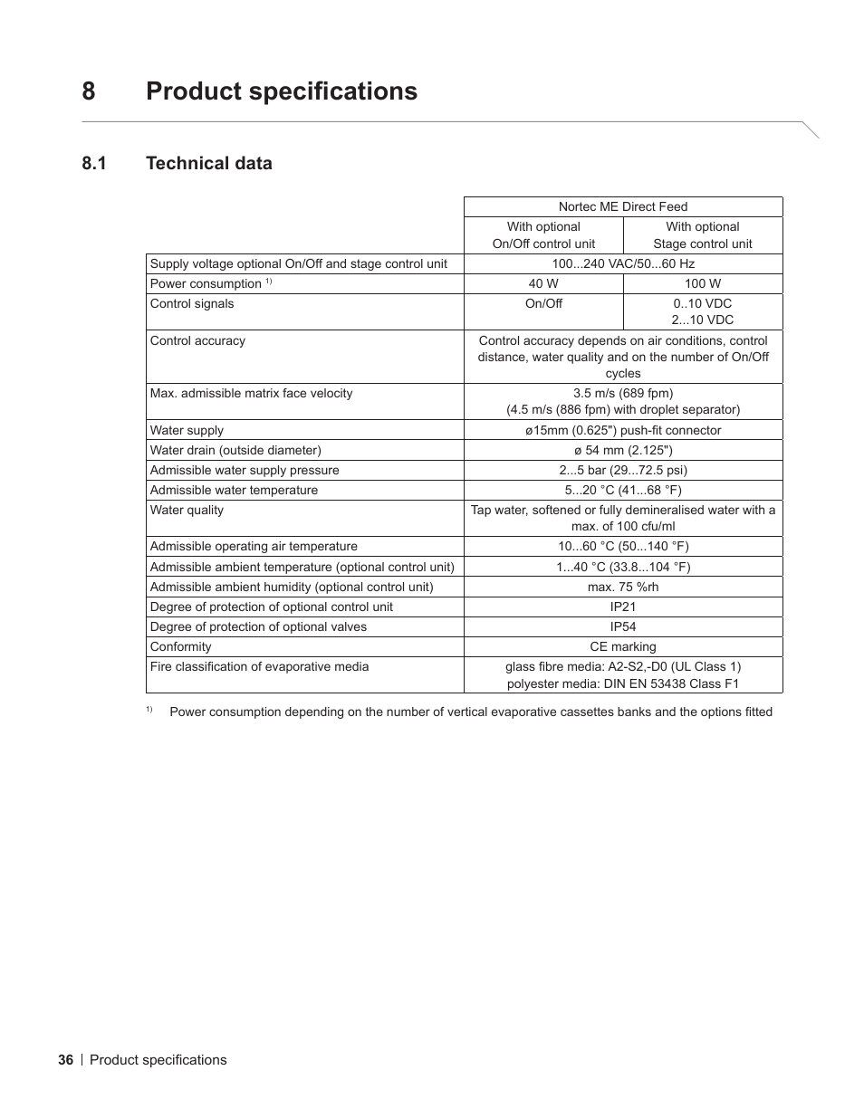 8 product specifications, 1 technical data, Product specifications | Technical data, 8product specifications | Nortec ME Direct Feed User Manual | Page 36 / 40