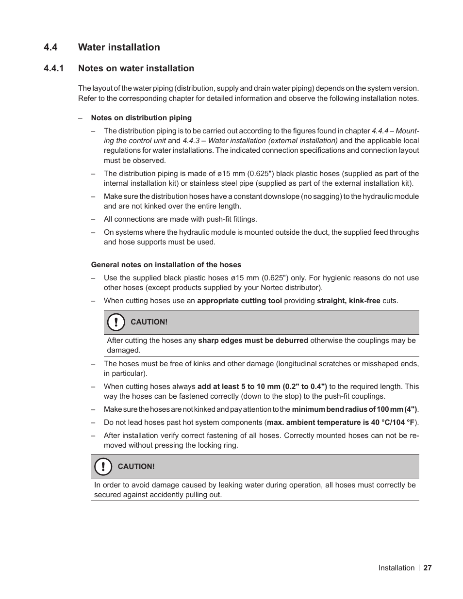 4 water installation, 1 notes on water installation, Water installation | Notes on water installation | Nortec ME Control Installation User Manual | Page 27 / 48