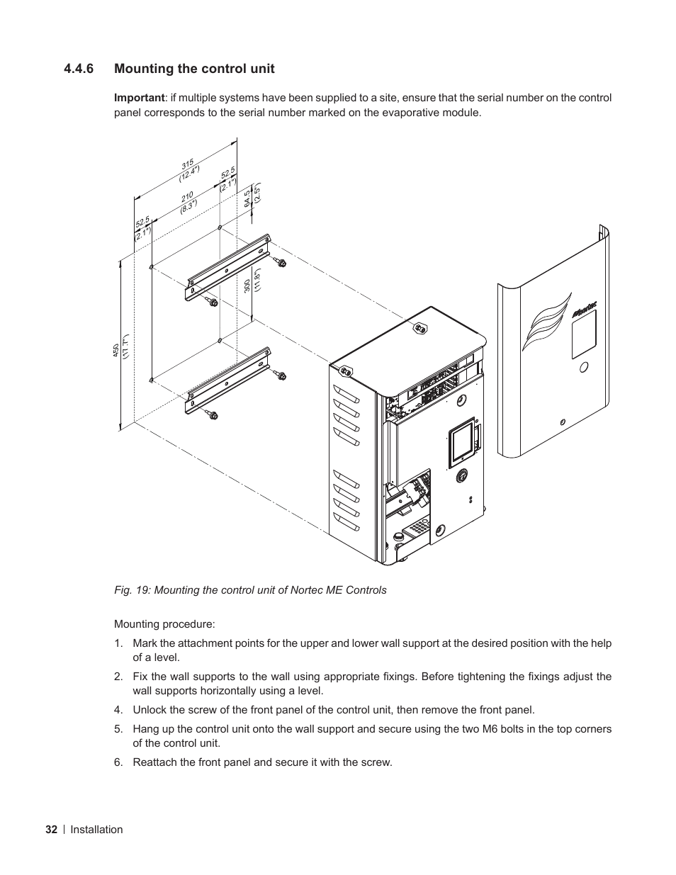 6 mounting the control unit, Mounting the control unit | Nortec ME Control Installation User Manual | Page 32 / 48