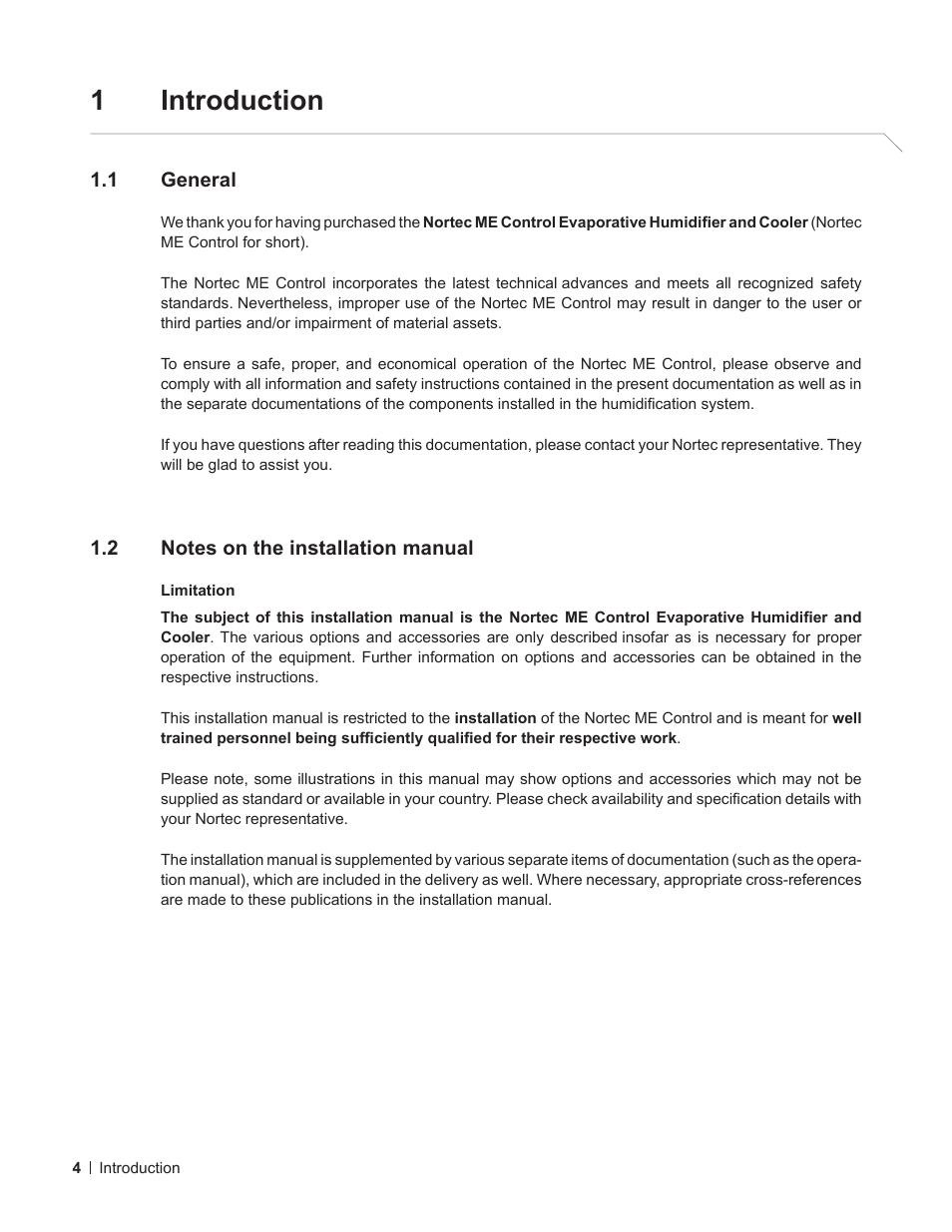 1 introduction, 1 general, 2 notes on the installation manual | Introduction 4, General, Notes on the installation manual, 1introduction | Nortec ME Control Installation User Manual | Page 4 / 48