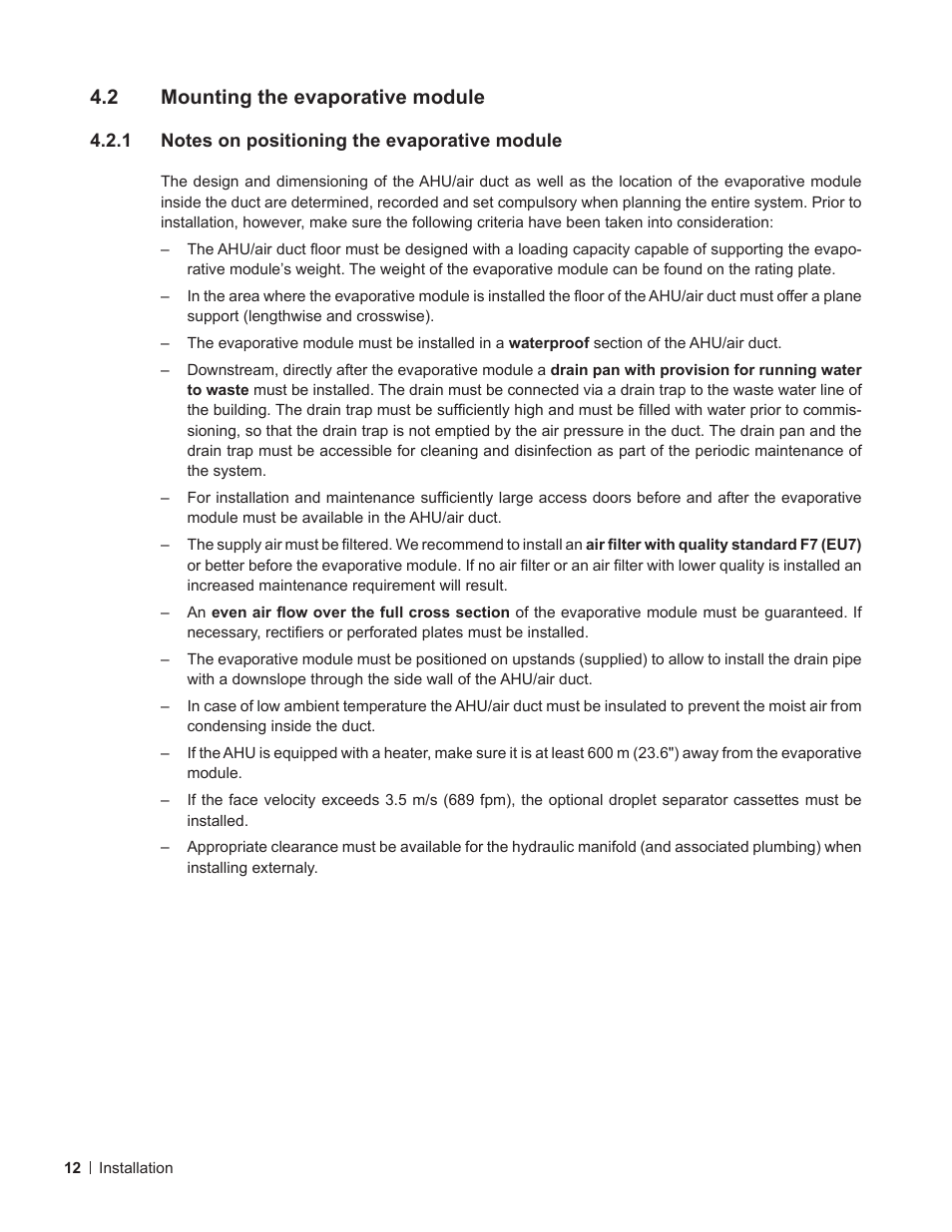 2 mounting the evaporative module, 1 notes on positioning the evaporative module, Mounting the evaporative module | Notes on positioning the evaporative module | Nortec ME Direct Feed Installation User Manual | Page 12 / 48