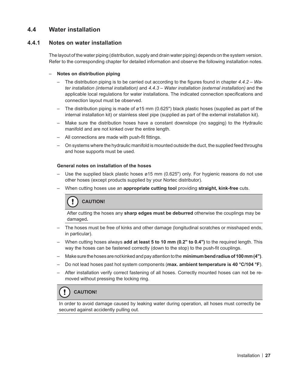 4 water installation, 1 notes on water installation, Water installation | Notes on water installation, 2 – mounting the evaporative module | Nortec ME Direct Feed Installation User Manual | Page 27 / 48