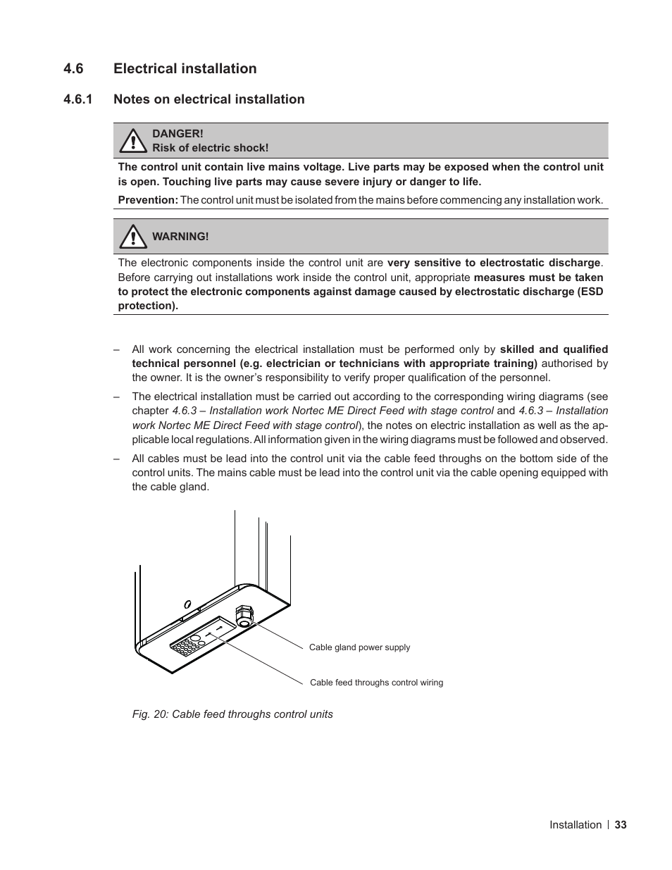 6 electrical installation, 1 notes on electrical installation, Electrical installation | Notes on electrical installation, 6 – electrical installation | Nortec ME Direct Feed Installation User Manual | Page 33 / 48