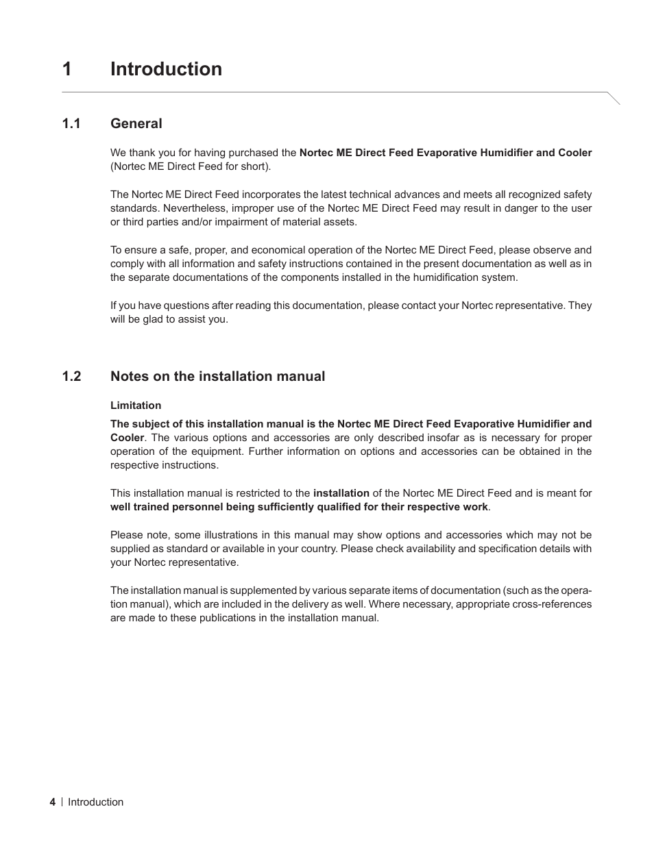 1 introduction, 1 general, 2 notes on the installation manual | Introduction 4, General, Notes on the installation manual, 1introduction | Nortec ME Direct Feed Installation User Manual | Page 4 / 48