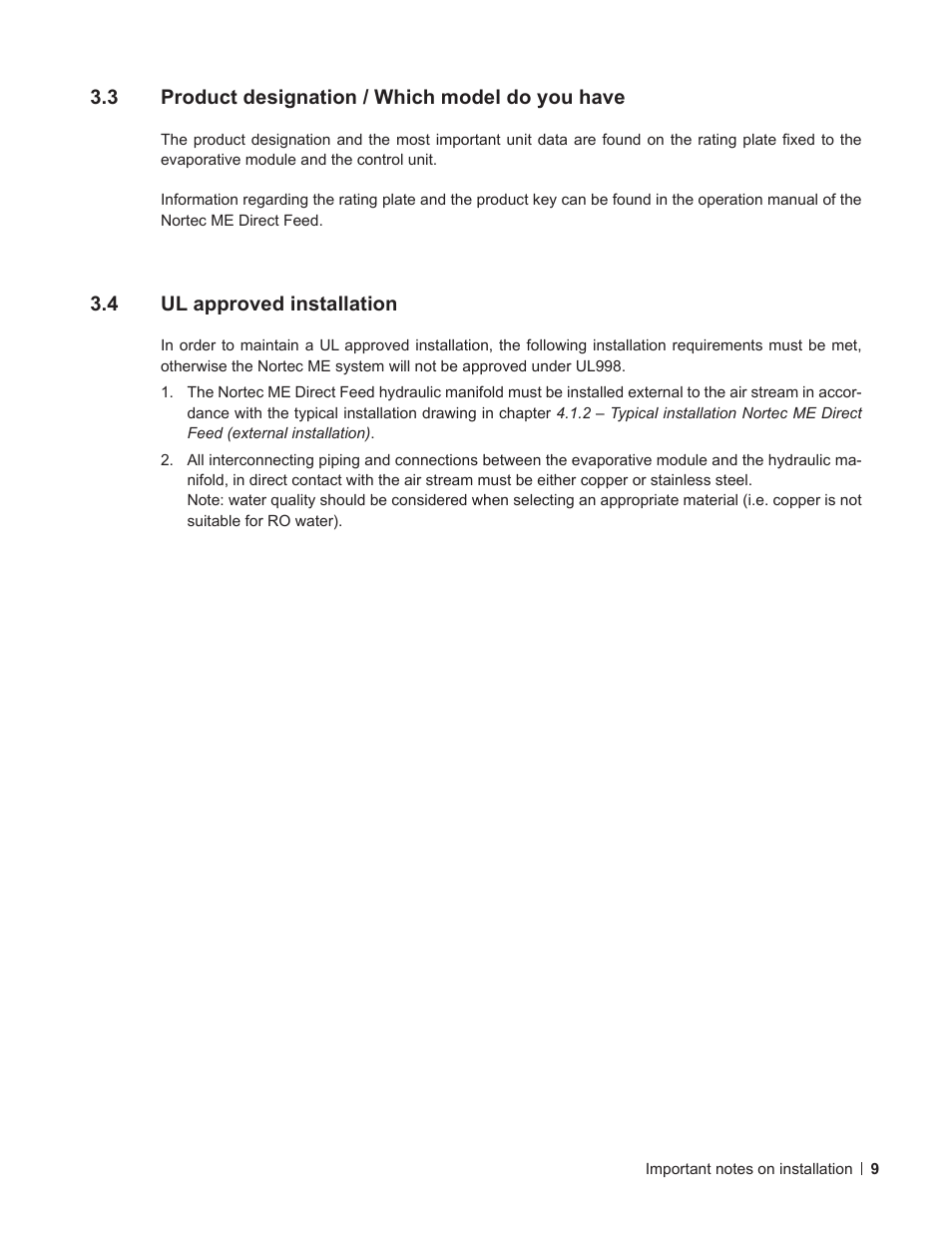 3 product designation / which model do you have, 4 ul approved installation, Product designation / which model do you have | Ul approved installation | Nortec ME Direct Feed Installation User Manual | Page 9 / 48