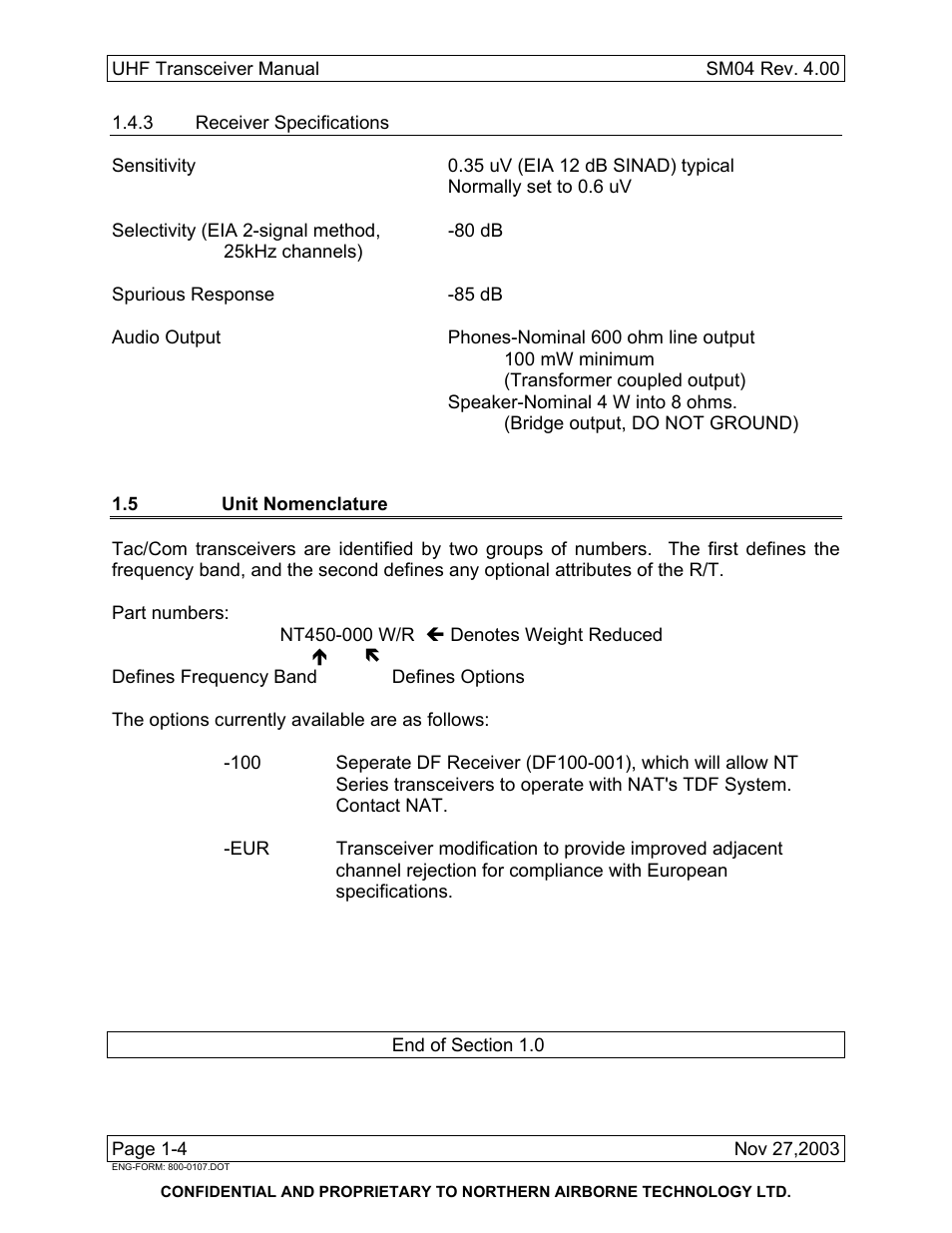 3 receiver specifications, 5 unit nomenclature | Northern Airborne Technology NT4xx User Manual | Page 10 / 46