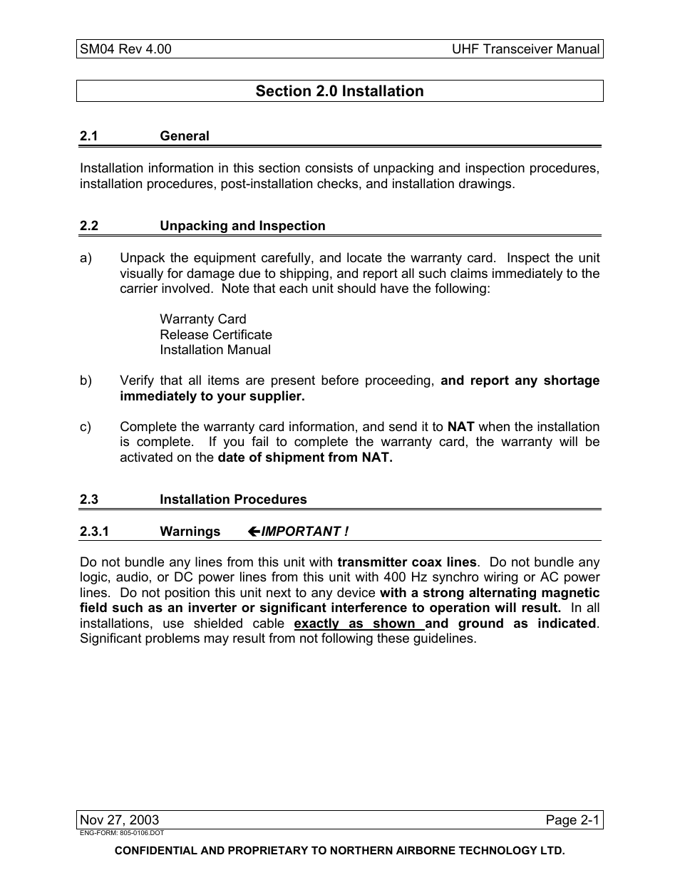 Installation, 1 general, 2 unpacking and inspection | 3 installation procedures, 1 warnings important | Northern Airborne Technology NT4xx User Manual | Page 11 / 46