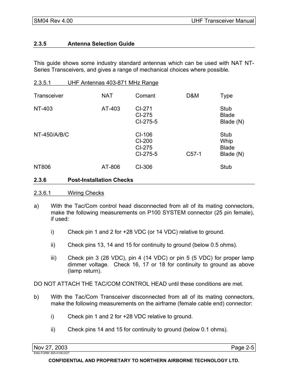 5 antenna selection guide, 6 post installation checks | Northern Airborne Technology NT4xx User Manual | Page 15 / 46