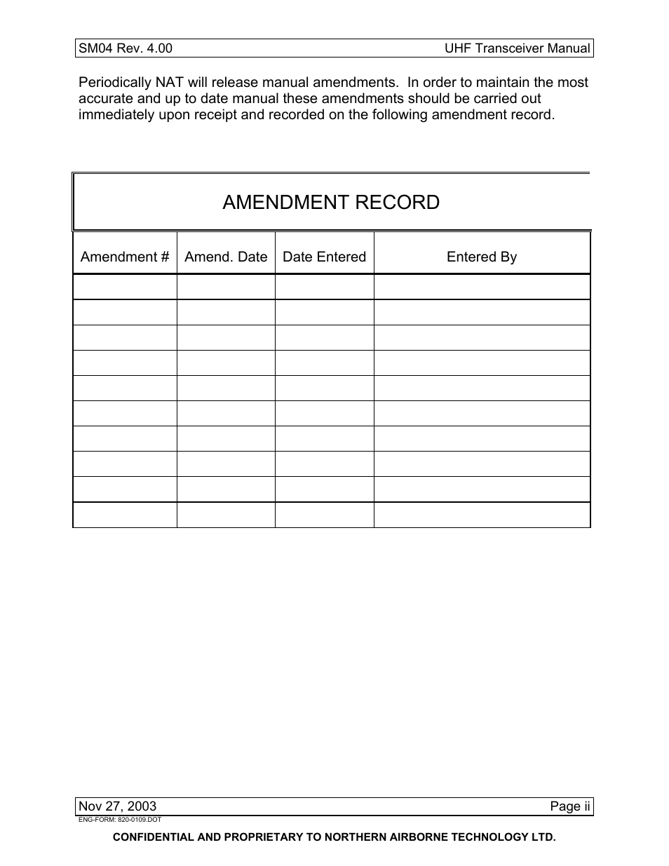 Amendment record | Northern Airborne Technology NT4xx User Manual | Page 3 / 46