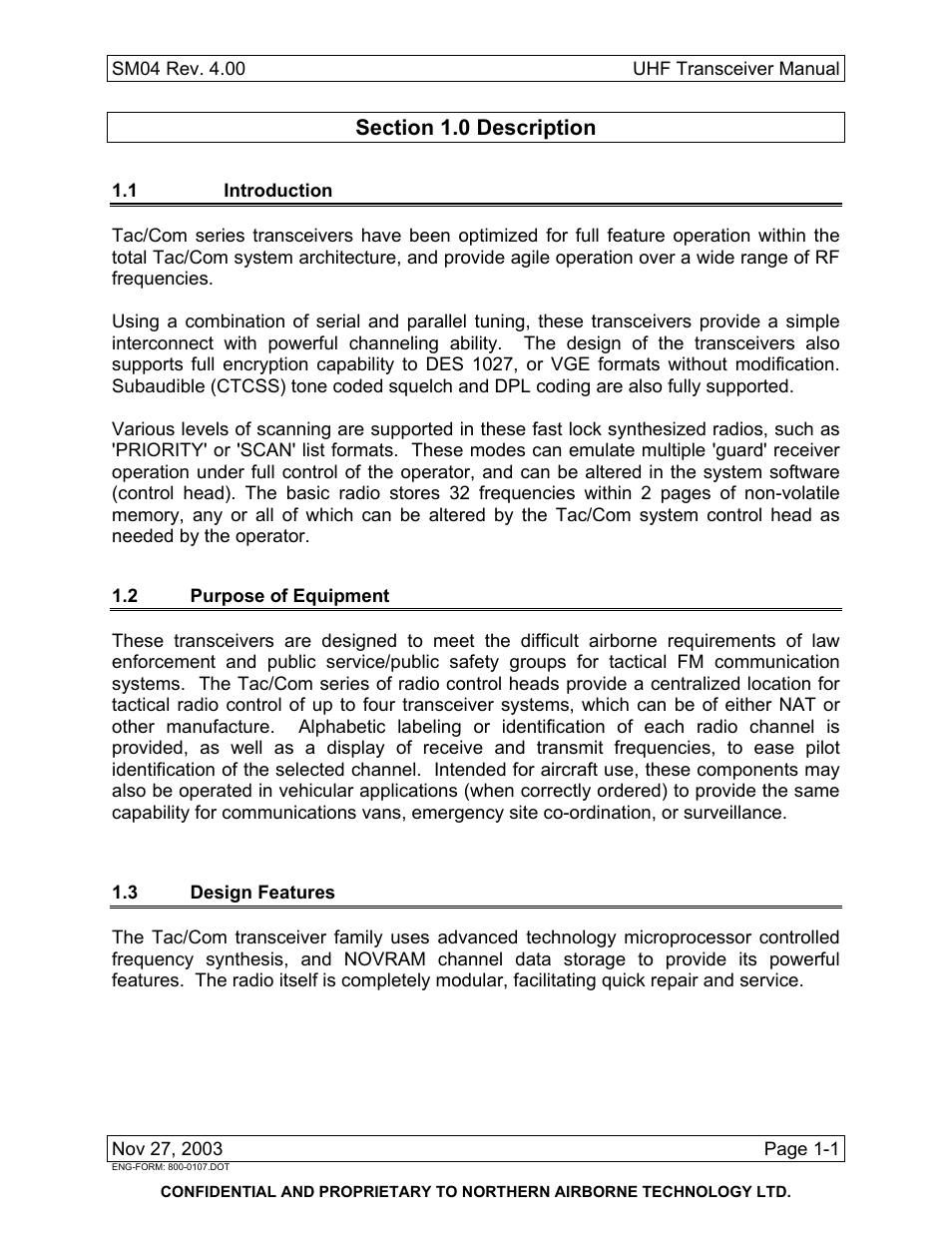 Description, 1 introduction, 2 purpose of equipment | 3 design features | Northern Airborne Technology NT4xx User Manual | Page 7 / 46