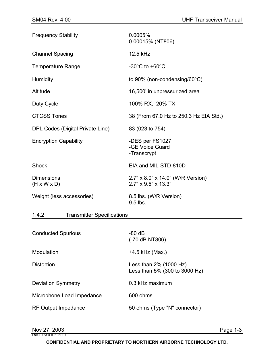 2 transmitter specifications | Northern Airborne Technology NT4xx User Manual | Page 9 / 46