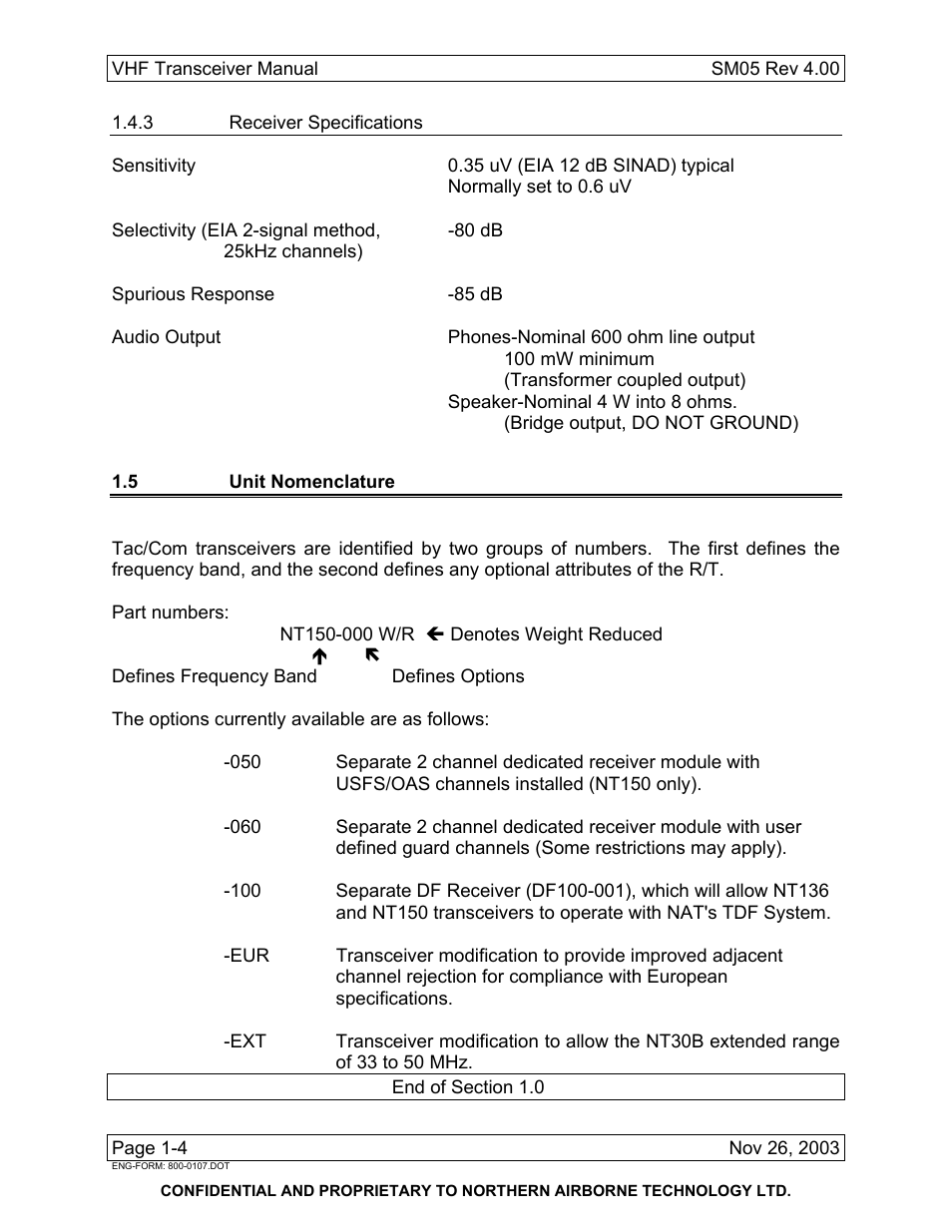 3 receiver specifications, 5 unit nomenclature | Northern Airborne Technology NT030x User Manual | Page 10 / 56