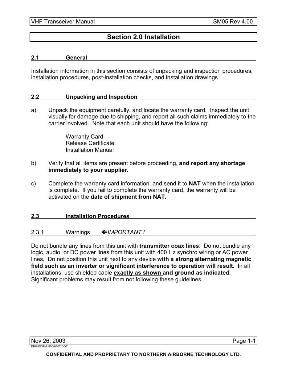 Installation, 1 general, 2 unpacking and inspection | 3 installation procedures, 1 warnings important | Northern Airborne Technology NT030x User Manual | Page 11 / 56