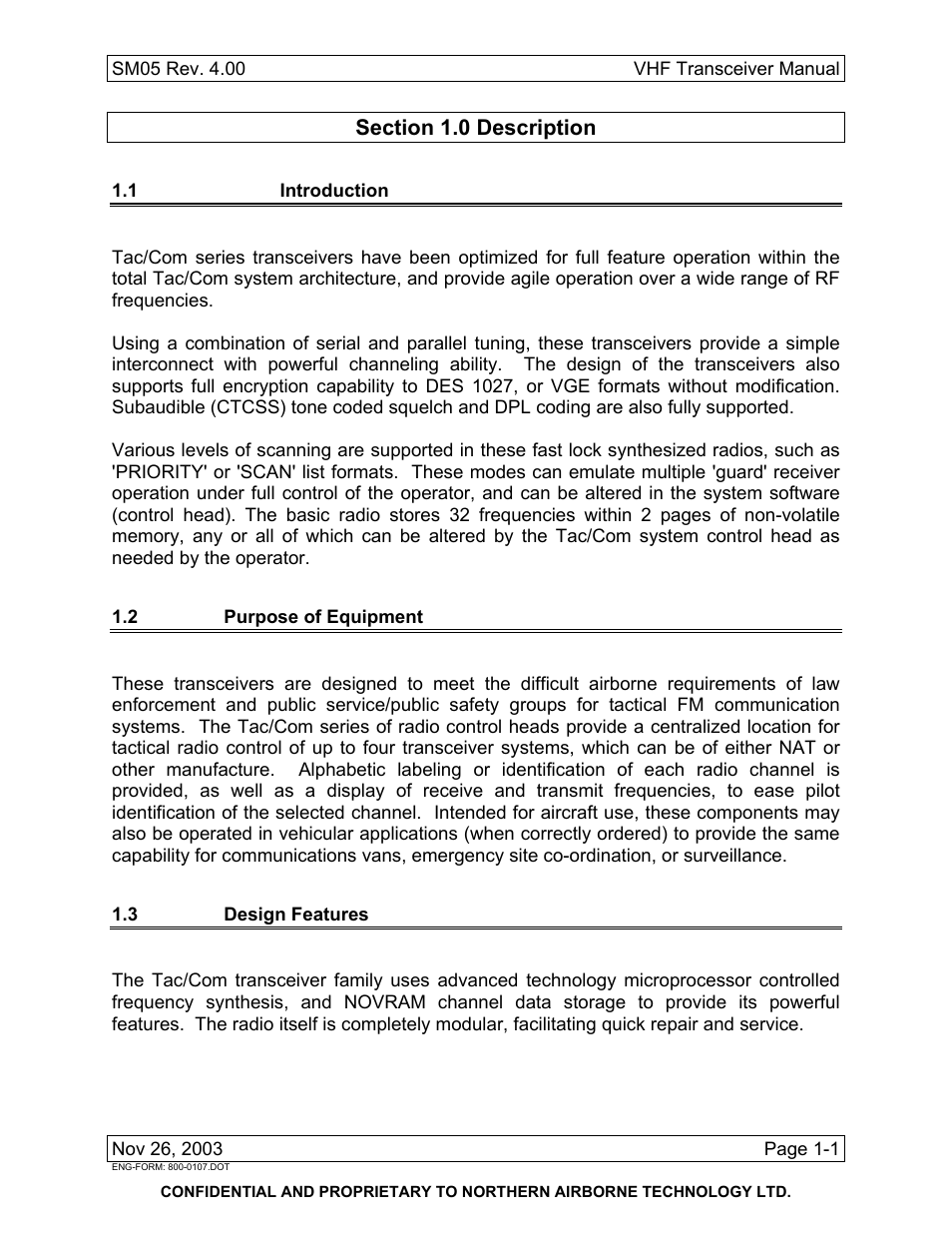 Description, 1 introduction, 2 purpose of equipment | 3 design features | Northern Airborne Technology NT030x User Manual | Page 7 / 56