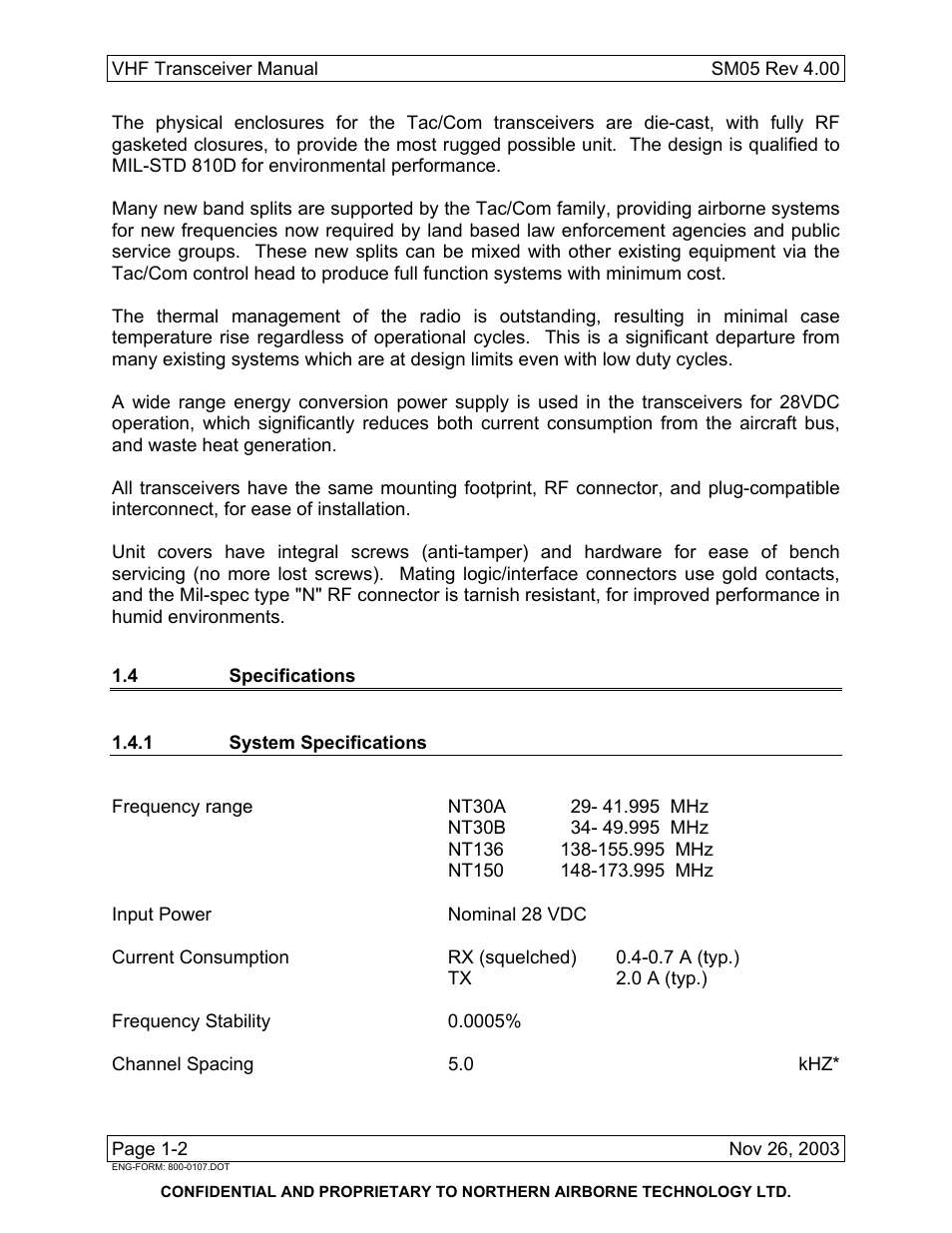 4 specifications, 1 system specifications | Northern Airborne Technology NT030x User Manual | Page 8 / 56