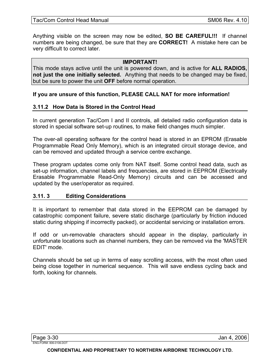 2 how data is stored in the control head, 3 editing considerations | Northern Airborne Technology THxxx User Manual | Page 106 / 109