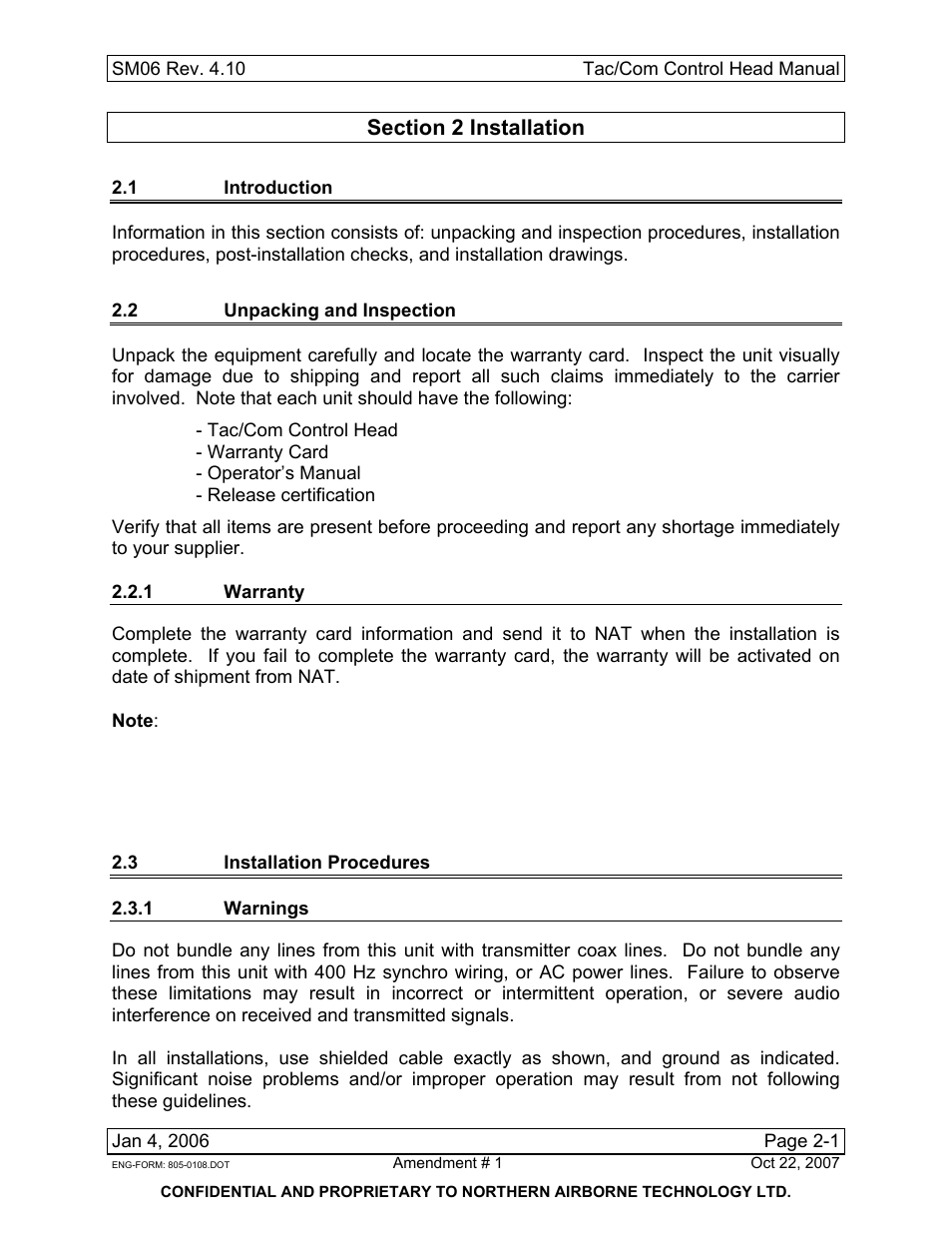 Installation, 1 introduction, 2 unpacking and inspection | 1 warranty, 3 installation procedures, 1 warnings | Northern Airborne Technology THxxx User Manual | Page 27 / 109