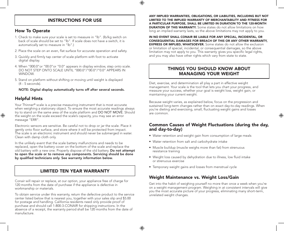 Instructions for use how to operate, Helpful hints, Limited ten year warranty | Things you should know about managing your weight, Weight maintenance vs. weight loss/gain | Conair Scale User Manual | Page 2 / 2