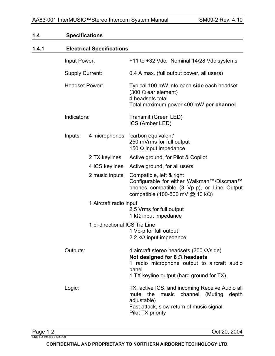 4 specifications, 1 electrical specifications | Northern Airborne Technology AA83-001 rev.4.10 User Manual | Page 10 / 33