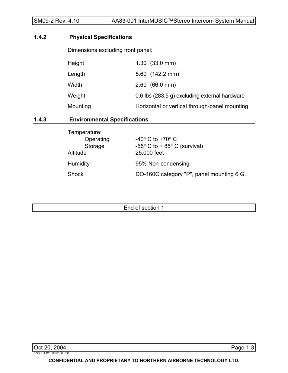 2 physical specifications, 3 environmental specifications | Northern Airborne Technology AA83-001 rev.4.10 User Manual | Page 11 / 33