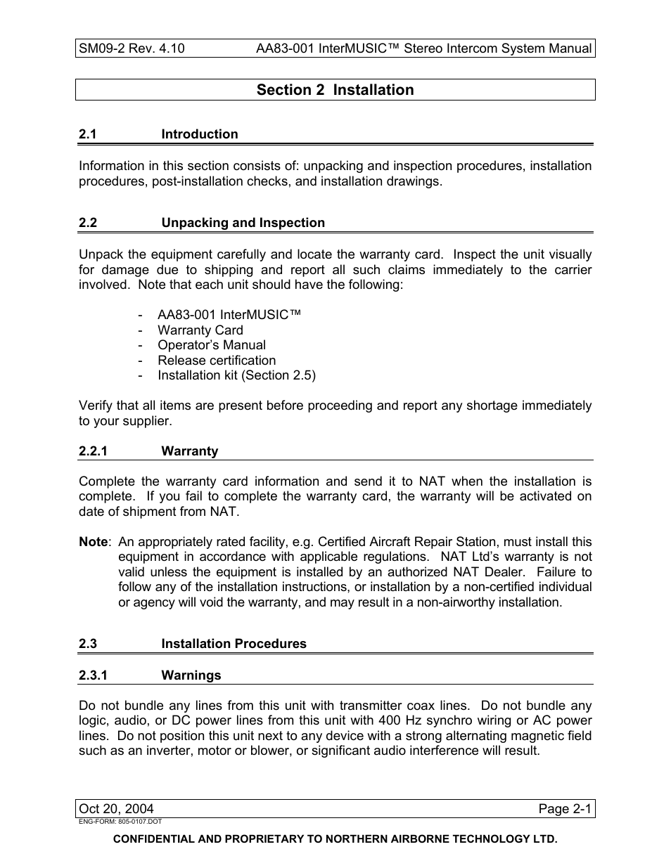 Installation, 1 introduction, 2 unpacking and inspection | 1 warranty, 3 installation procedures, 1 warnings | Northern Airborne Technology AA83-001 rev.4.10 User Manual | Page 13 / 33