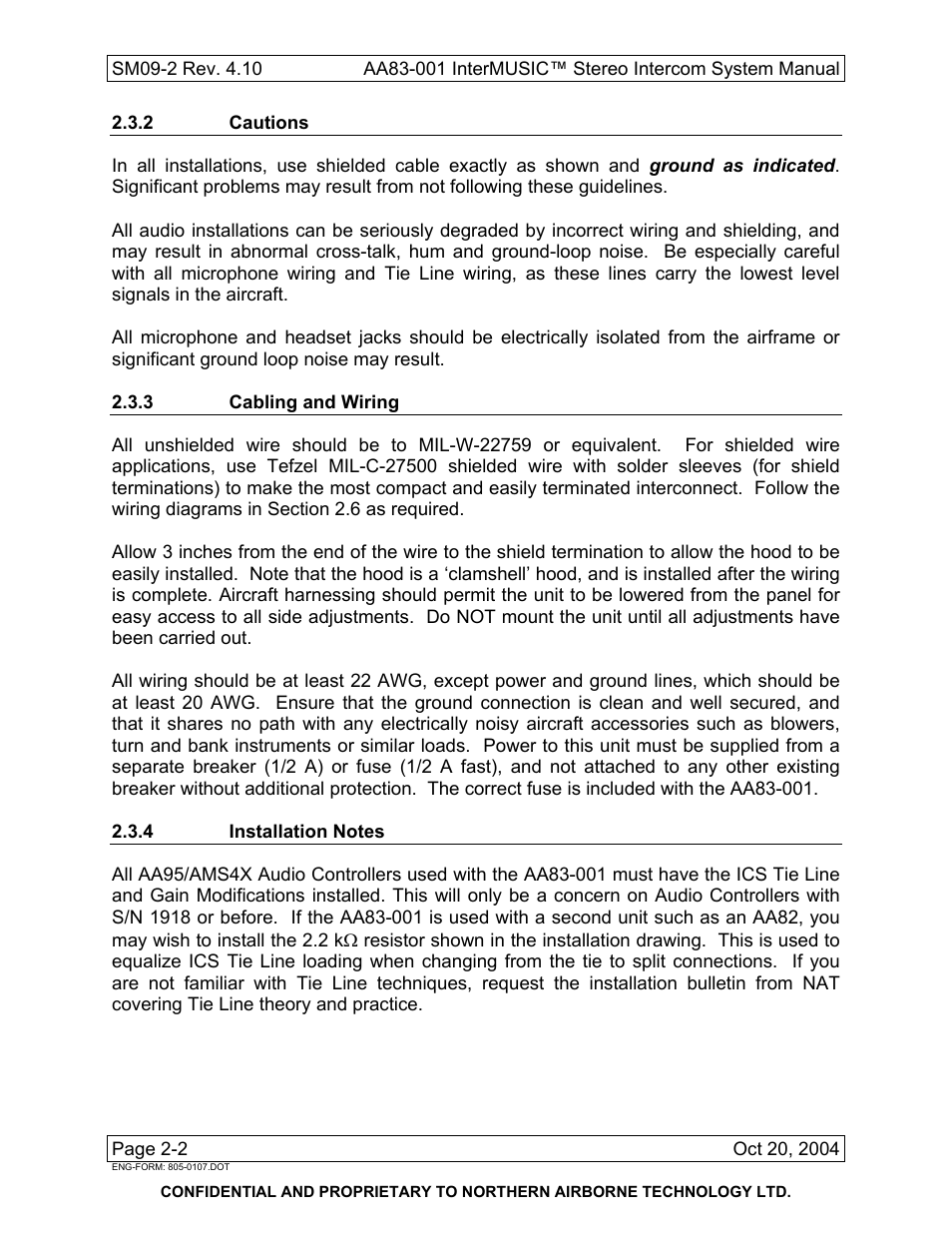 2 cautions, 3 cabling and wiring, 4 installation notes | Northern Airborne Technology AA83-001 rev.4.10 User Manual | Page 14 / 33