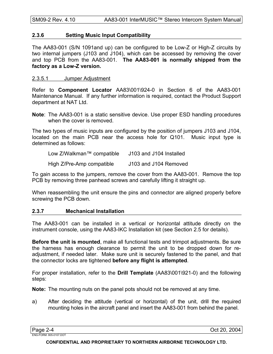 6 setting music input compatibility, 7 mechanical installation | Northern Airborne Technology AA83-001 rev.4.10 User Manual | Page 16 / 33