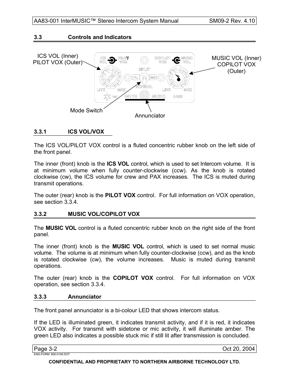 3 controls and indicators, 1 ics vol/vox, 2 music vol/copilot vox | 3 annunciator | Northern Airborne Technology AA83-001 rev.4.10 User Manual | Page 30 / 33