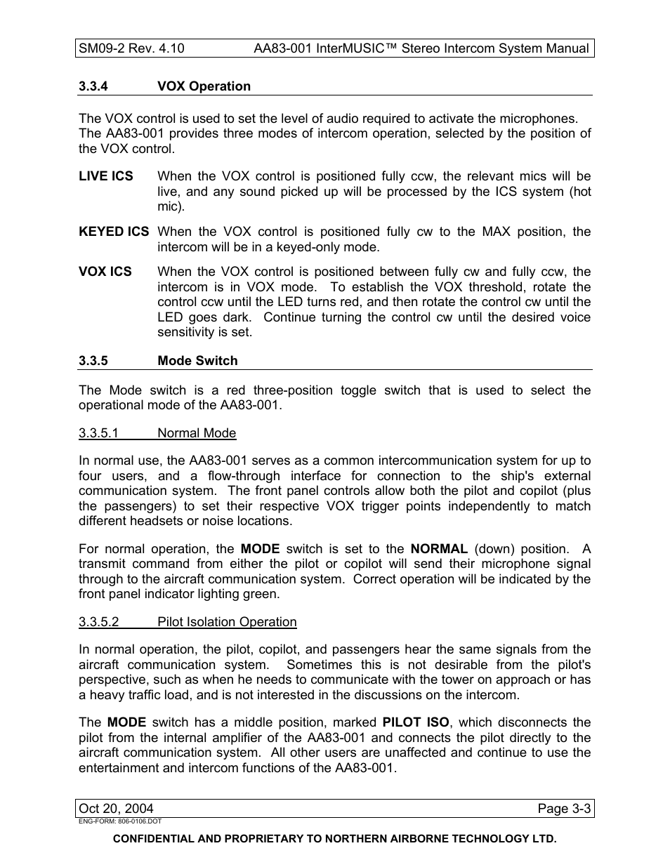 4 vox operation, 5 mode switch | Northern Airborne Technology AA83-001 rev.4.10 User Manual | Page 31 / 33