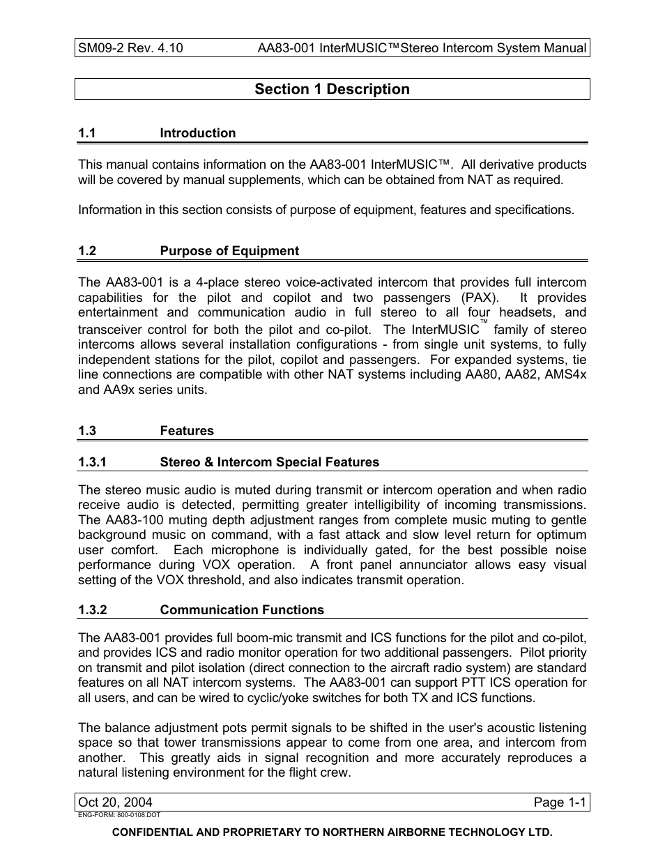 Description, 1 introduction, 2 purpose of equipment | 3 features, 1 stereo & intercom special features, 2 communication functions | Northern Airborne Technology AA83-001 rev.4.10 User Manual | Page 9 / 33