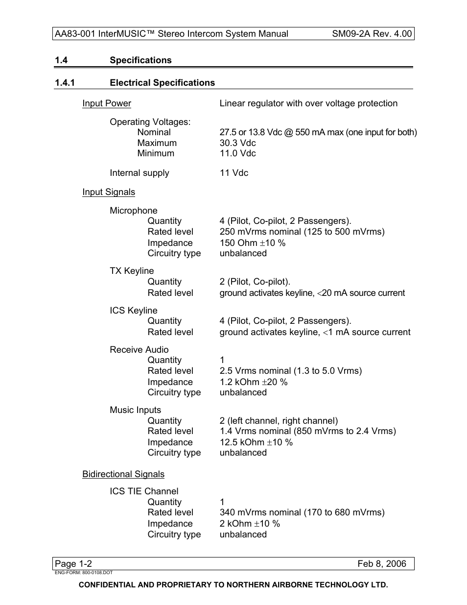4 specifications, 1 electrical specifications | Northern Airborne Technology AA83-001 rev.4.00 User Manual | Page 10 / 41