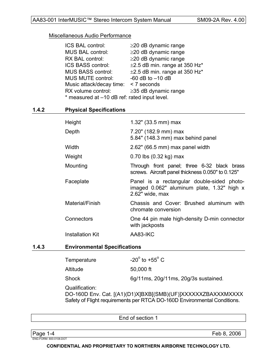 2 physical specifications, 3 environmental specifications | Northern Airborne Technology AA83-001 rev.4.00 User Manual | Page 12 / 41