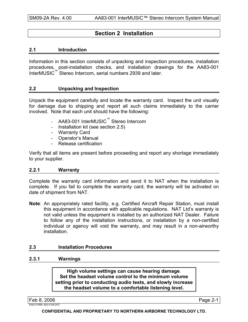 Installation, 1 introduction, 2 unpacking and inspection | 1 warranty, 3 installation procedures, 1 warnings | Northern Airborne Technology AA83-001 rev.4.00 User Manual | Page 13 / 41