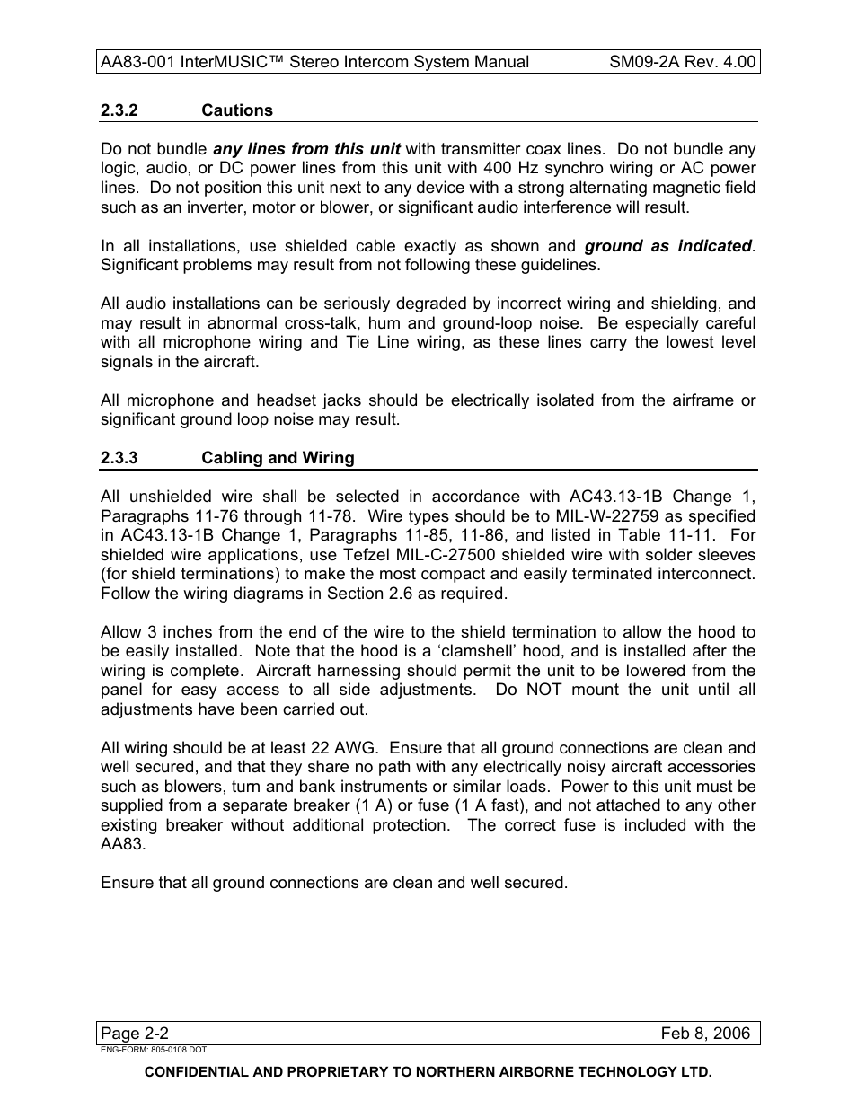 2 cautions, 3 cabling and wiring | Northern Airborne Technology AA83-001 rev.4.00 User Manual | Page 14 / 41