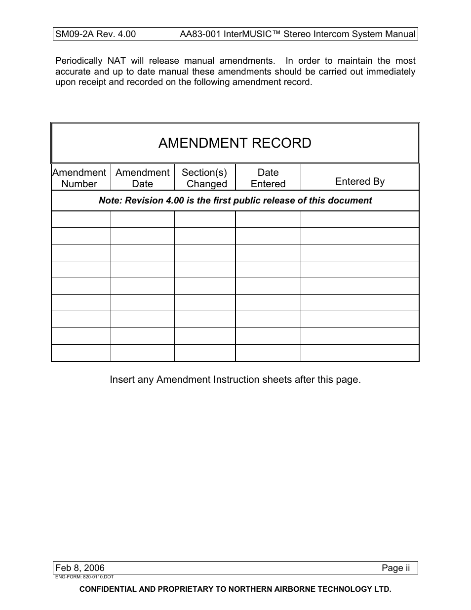 Amendment record | Northern Airborne Technology AA83-001 rev.4.00 User Manual | Page 3 / 41