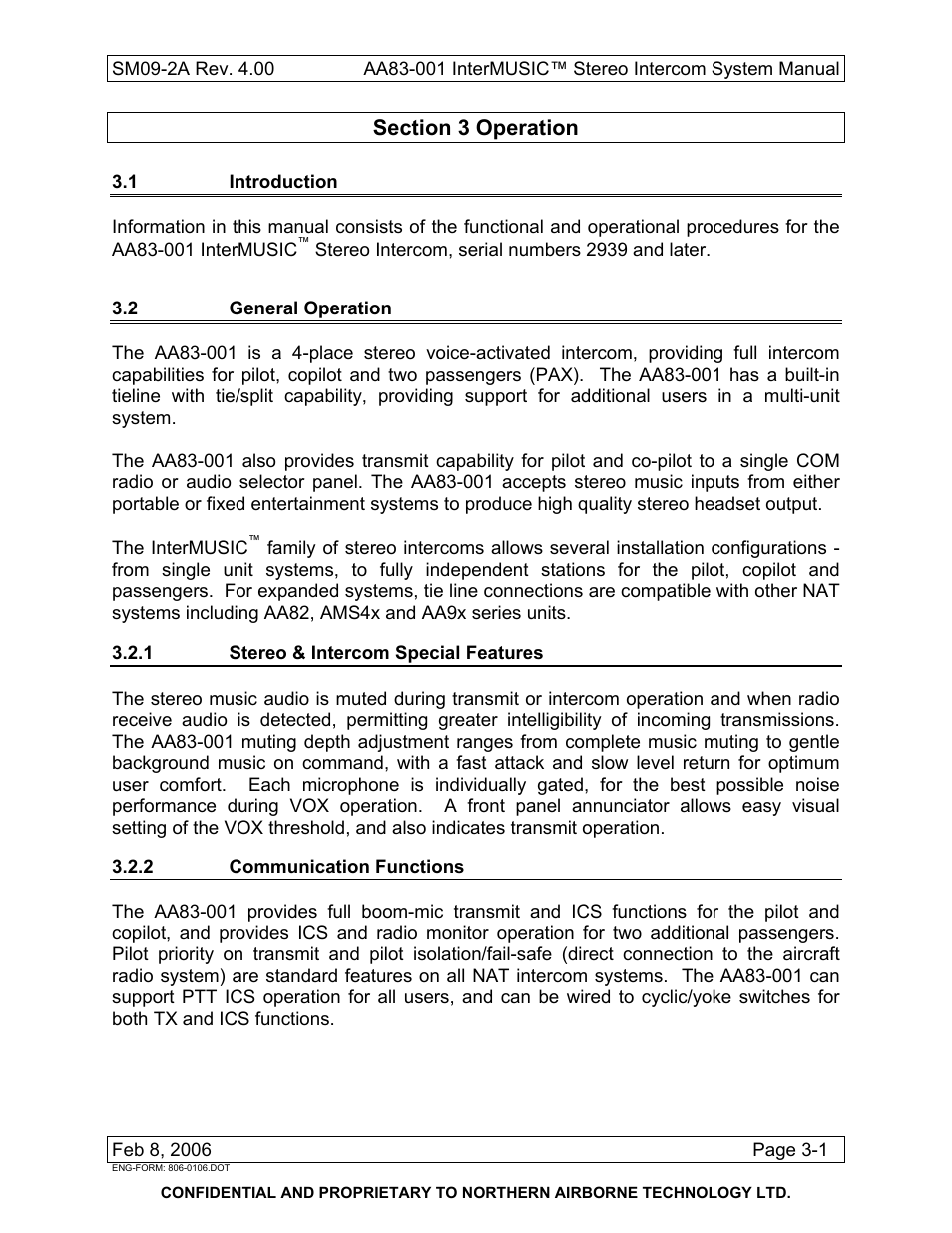 Operation, 1 introduction, 2 general operation | 1 stereo & intercom special features, 2 communication functions | Northern Airborne Technology AA83-001 rev.4.00 User Manual | Page 35 / 41