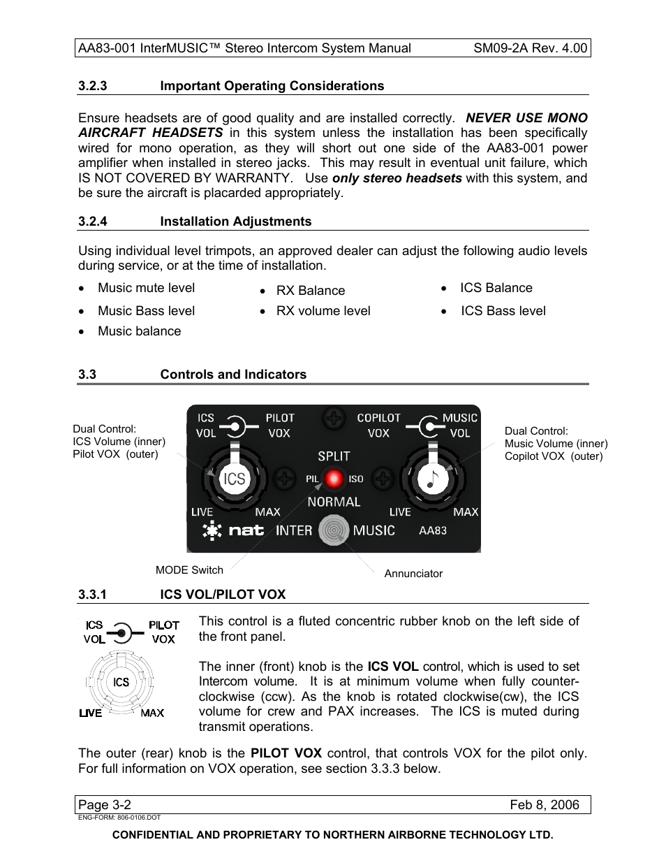 3 important operating considerations, 4 installation adjustments, 3 controls and indicators | 1 ics vol/pilot vox | Northern Airborne Technology AA83-001 rev.4.00 User Manual | Page 36 / 41